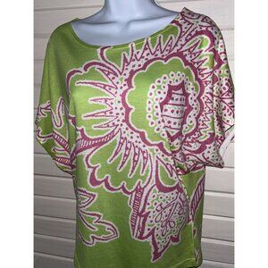 Before + Again Sz XS Knit Kimono Sleeve Top Sundance Green Pink Floral Print EUC